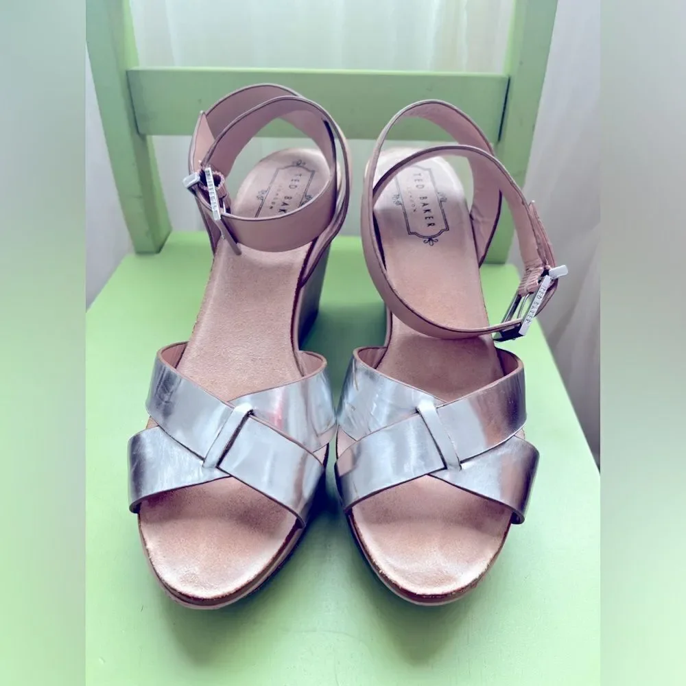 TED BAKER wedge heels; leather & silver; Size 38